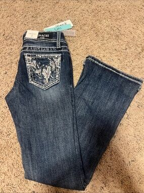 Grace in LA Dark Blue Girls' Embroidered Pocket Jeans